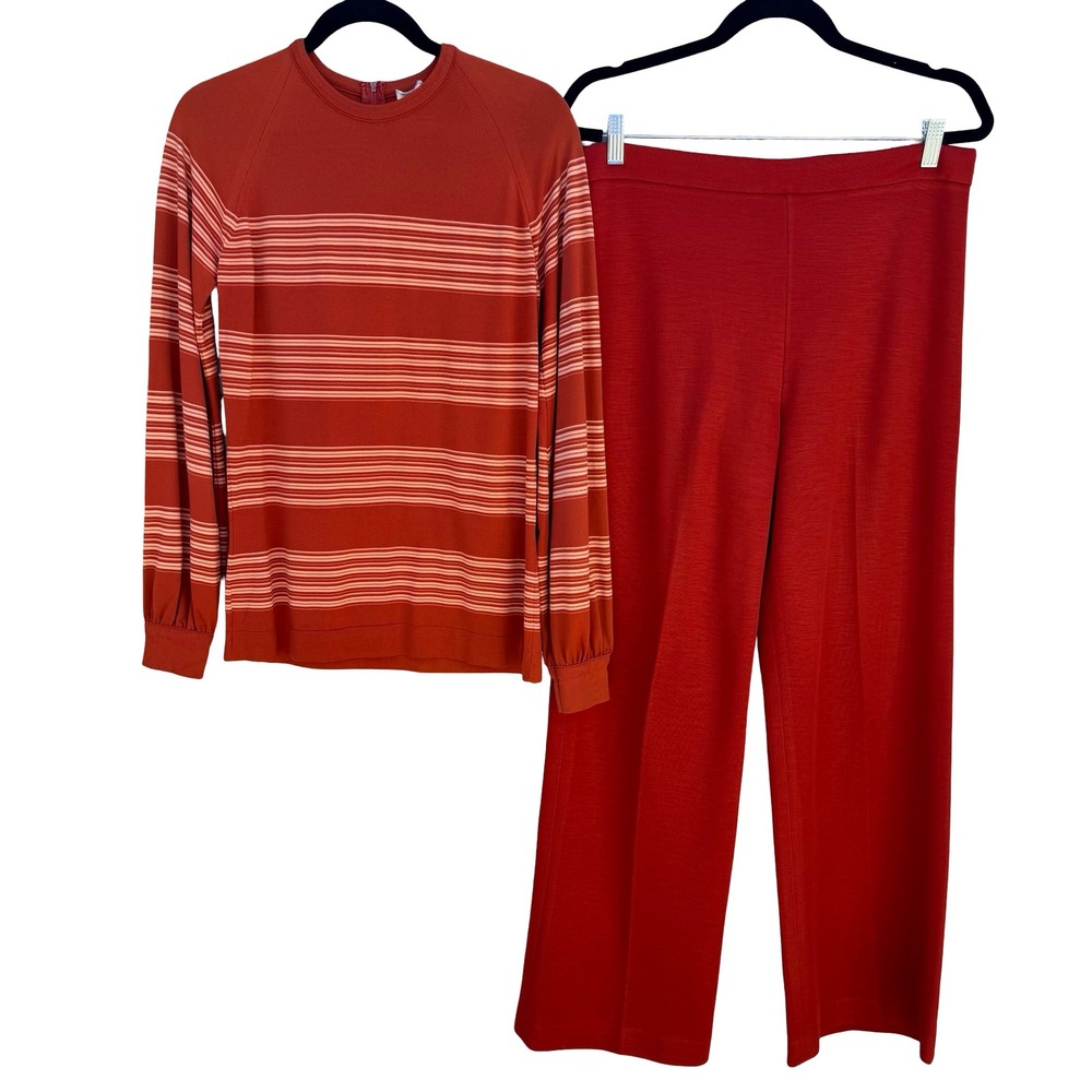 Danskin Vintage 70s Orange Striped Knit 2 Piece Set Top Wide Leg Pants Talon Zip